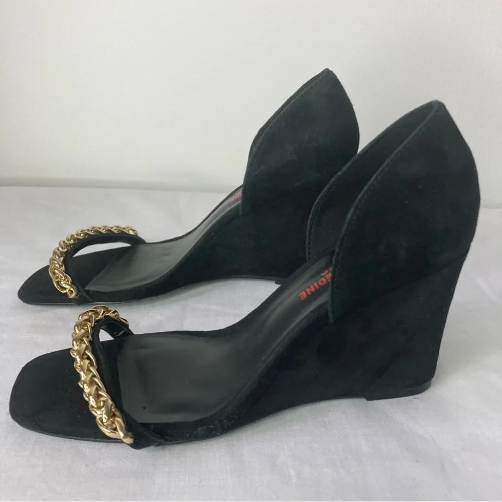Black Wedge Sandals with Gold Chain Accent